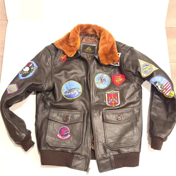 Men's Cockpit Aviator Leather Bomber Jacket with Patches L Large - Picture 4 of 16